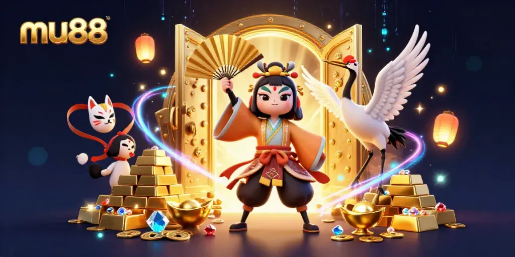 Experience the excitement of mu88 with a dynamic 3D illustration featuring kabuki warriors and treasure.