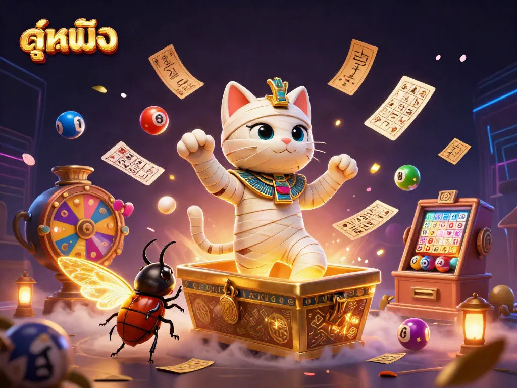 Experience ดูหนังออนไลน์ with a vibrant 3D illustration featuring a lively mummy cat, casino elements, and dynamic action.
