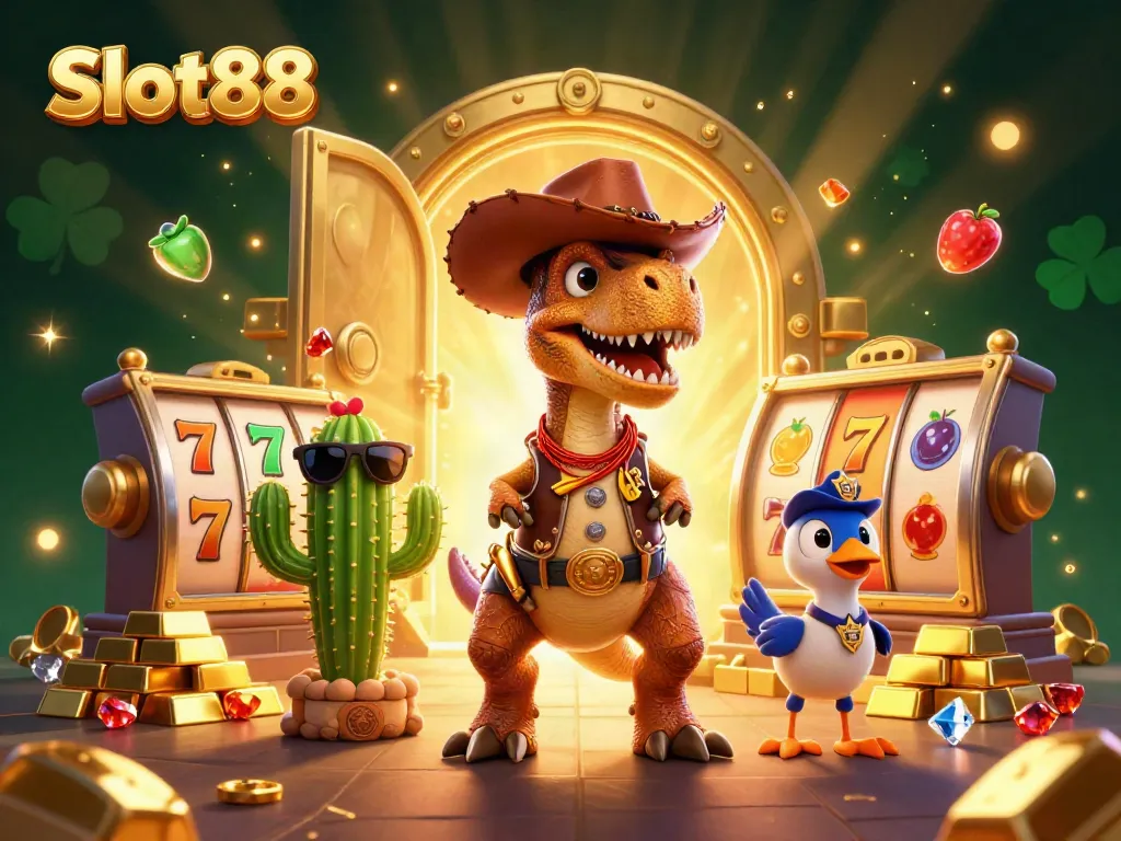 Spin Slot88 reels with a T-Rex cowboy, jackpot treasures, and dazzling gems.