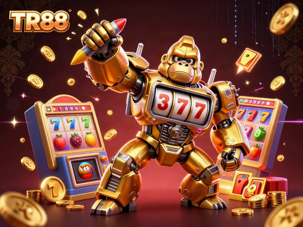 Experience thrilling wins at TR88 with an action-packed illustration of a golden mech and slot game elements.