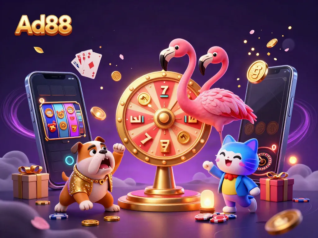 Experience the thrilling energy of Ad88 with a vibrant 3D casino illustration showcasing exciting games and prizes.