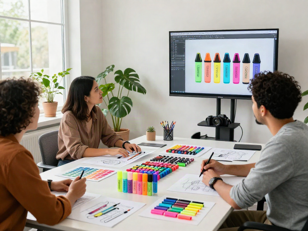 Team of highlighter manufacturer professionals collaborating on vibrant new pen designs in a creative workspace.