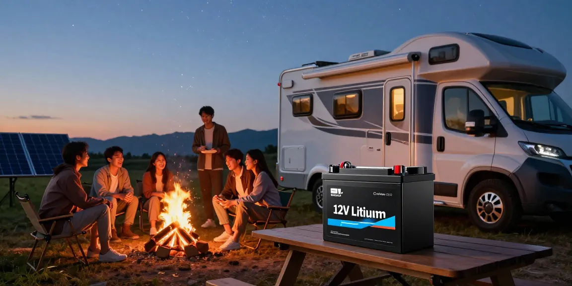 Group enjoying evening outdoors with a 12V lithium battery at a campfire, showcasing adventure and reliability.
