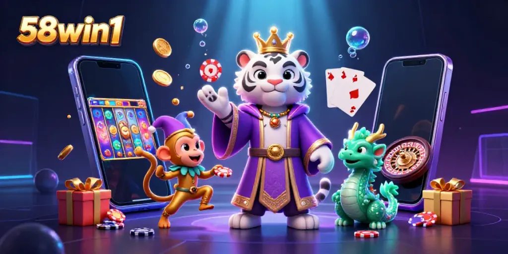 Experience the vibrant action of 58win1 with a cartoon tiger, monkey, and dragon amidst dazzling casino elements.