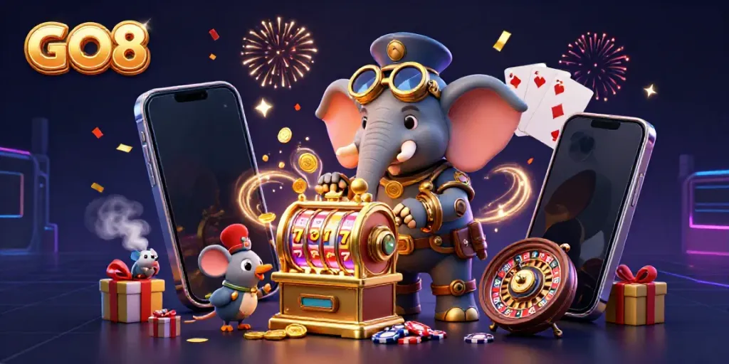 Spin the reels with GO8's fun steampunk-themed illustration featuring an elephant engineer and casino elements.