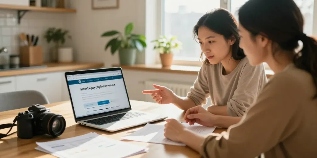 Couple discussing finances on alberta.paydayloans-on.ca in a cozy kitchen.