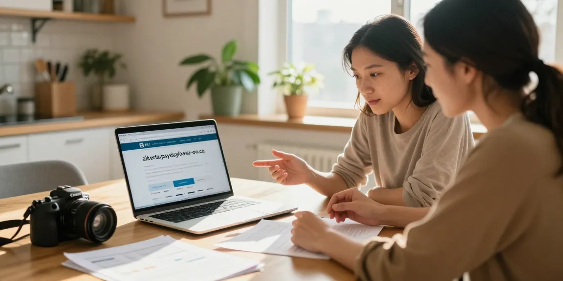 Couple discussing finances on alberta.paydayloans-on.ca in a cozy kitchen.