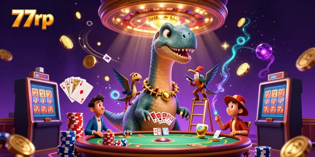 Experience exciting gaming at 77rp with dynamic characters and casino elements.