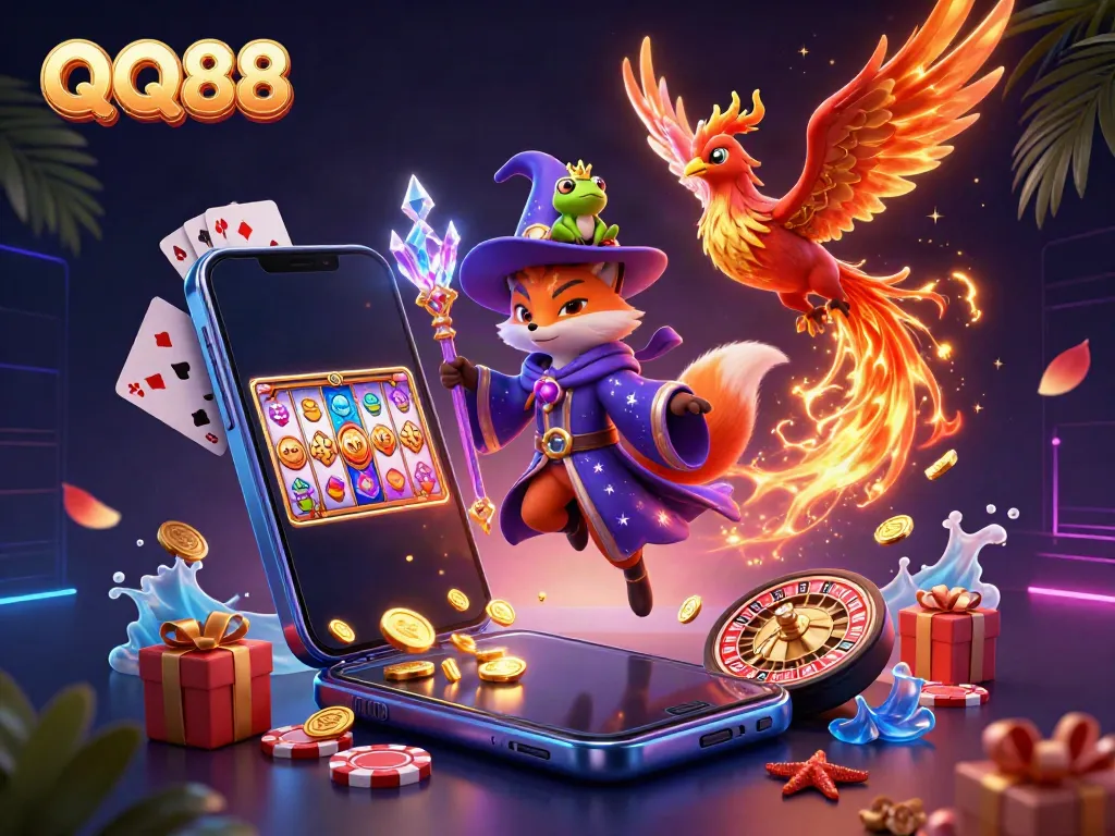 Engage with the exciting universe of QQ88 featuring a mystical wizard fox, phoenix, and lively gaming elements.