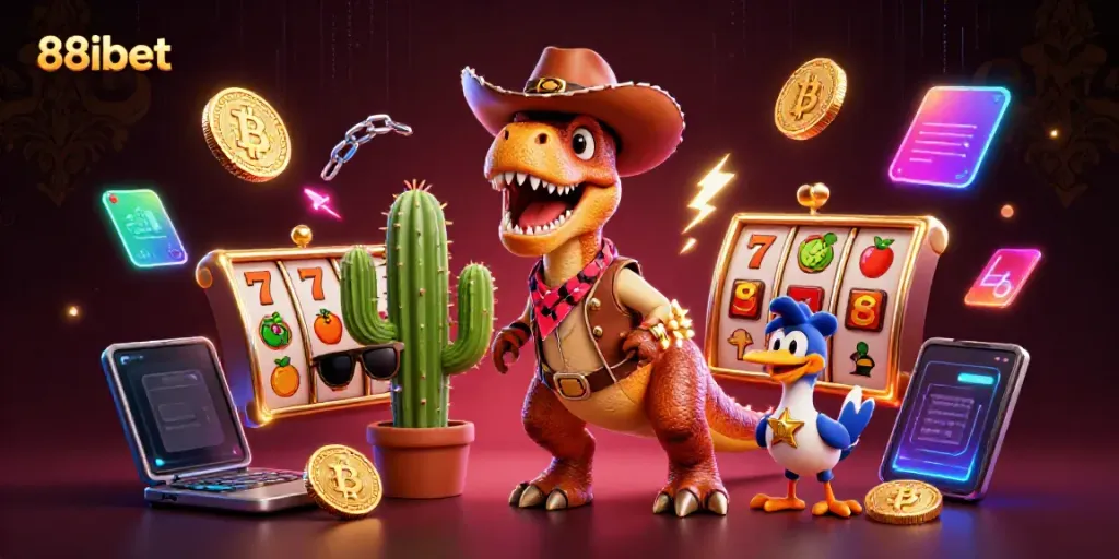 Join the 88ibet gaming adventure with a T-Rex, cactus, and roadrunner amidst vibrant slot machines.