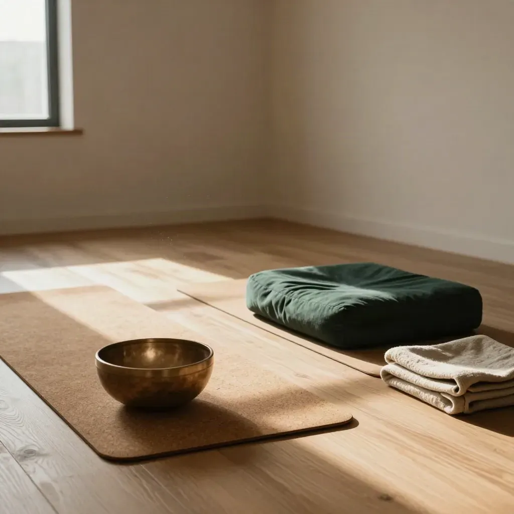 Quiet yoga room with rolled mats, meditation cushion, singing bowl, and dawn light across oak floors.