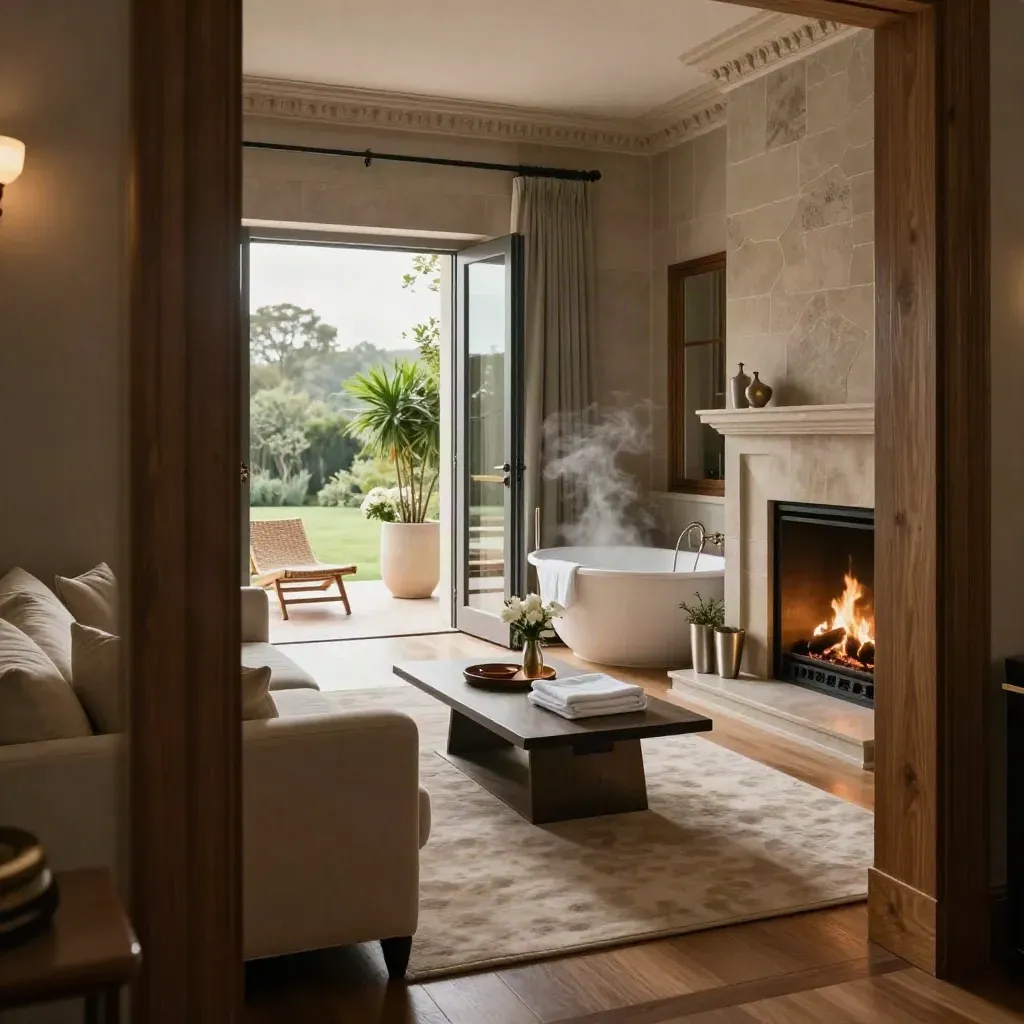 Grand suite wing with firelit sitting room, terrace seating, flowers, and a spa bath in soft steam.