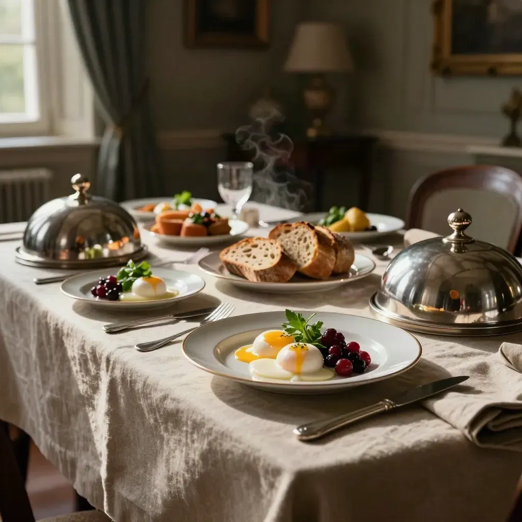 Chef-plated breakfast spread with eggs, berries, warm bread and silver cloches on a linen sideboard.