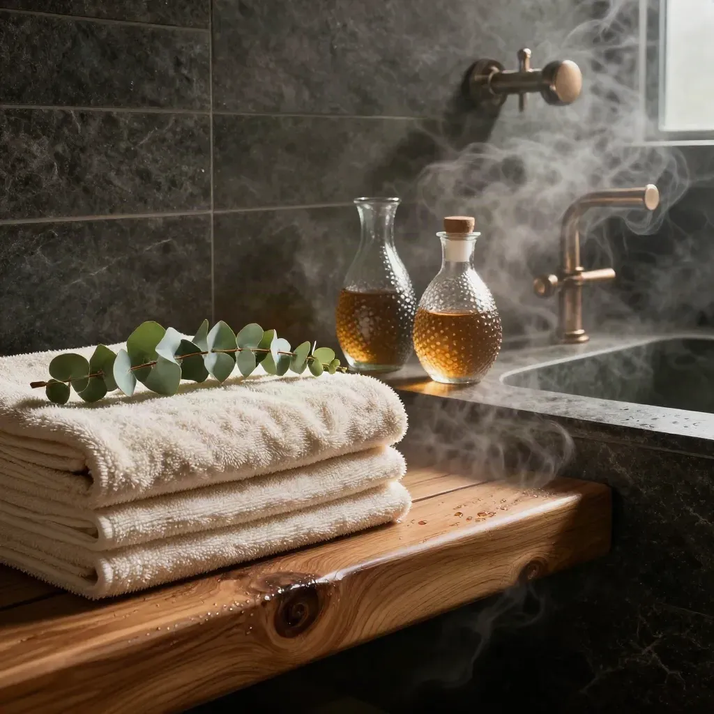 Steam room corner with folded towels, cedar bench, herbal carafes, and eucalyptus in warm haze.