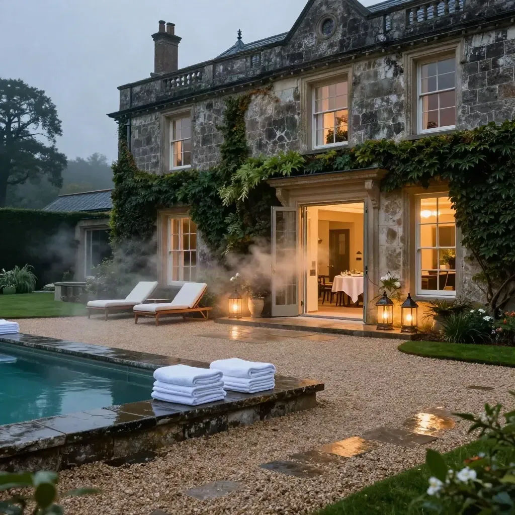 Blue-hour ivy-clad mansion retreat with glowing terrace, spa towels, daybeds and pool edge after rain.