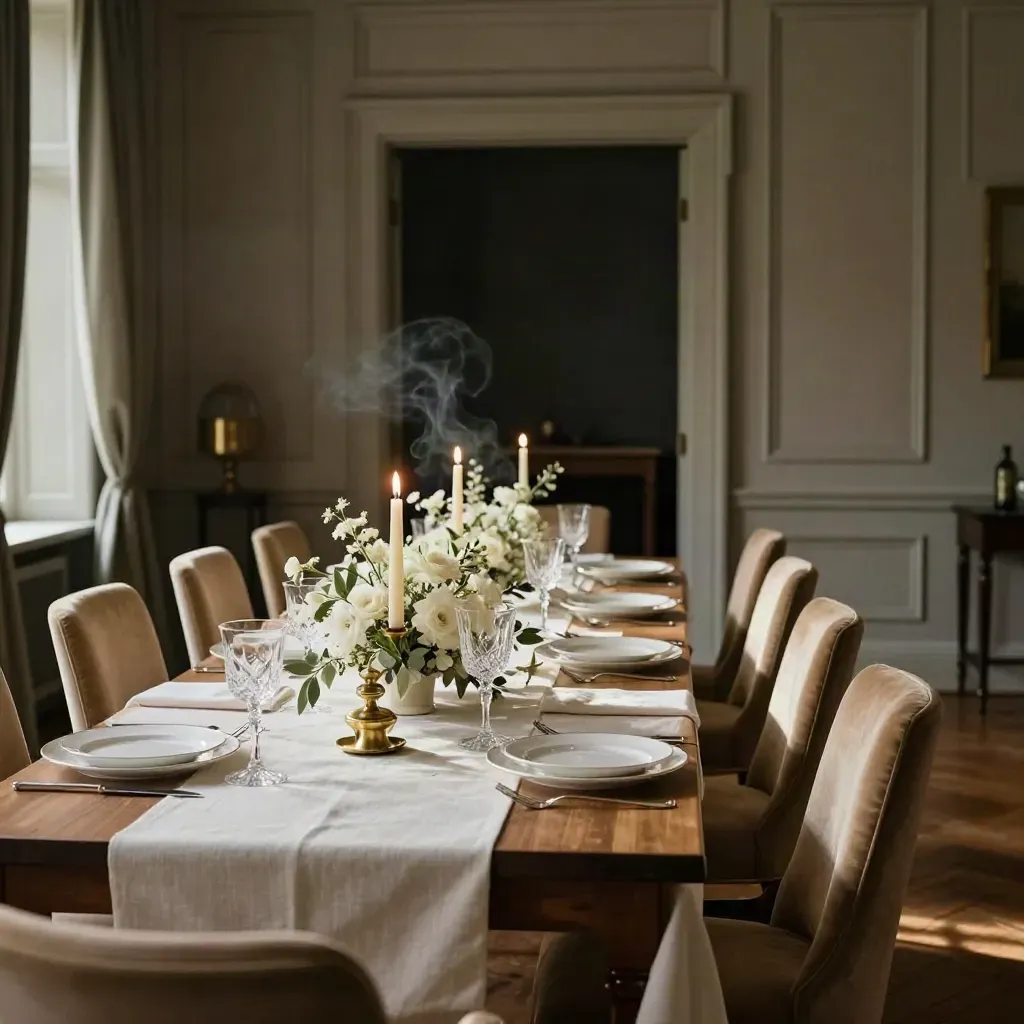 Private dining room with lit candles, floral runners, and a long dressed celebration table