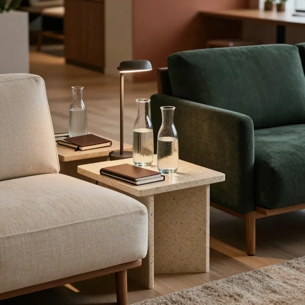 Corporate retreat lounge with chairs, water carafes, closed notebooks and a reading lamp