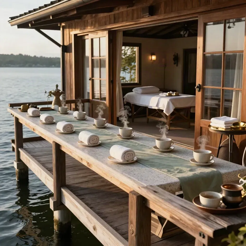Spa veranda set for twelve with towels, teacups, steam, and a massage table by the lake.