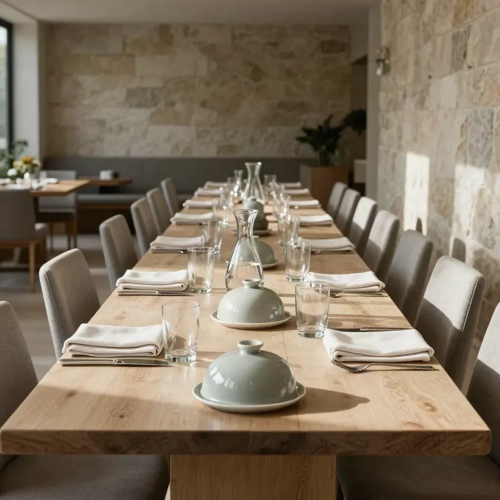 Grand dining lounge with cleared long table, water carafes and soft daylight on stone.