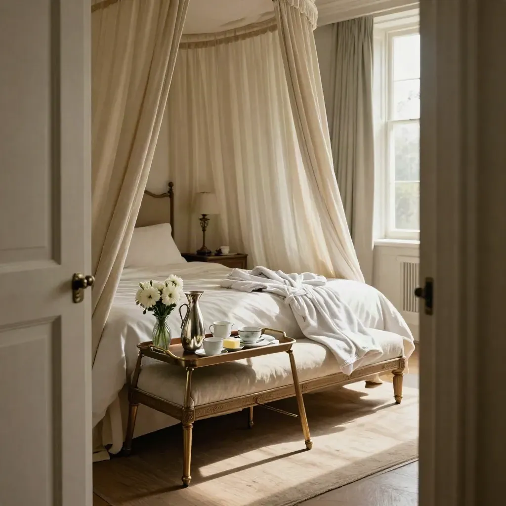 Sunlit couples suite with breakfast tray, flowers, folded robe and open drapes.
