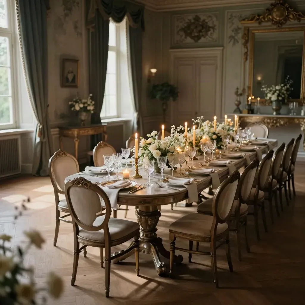 Grand mansion dining room set for a birthday dinner with candles, florals, and thirty chairs.