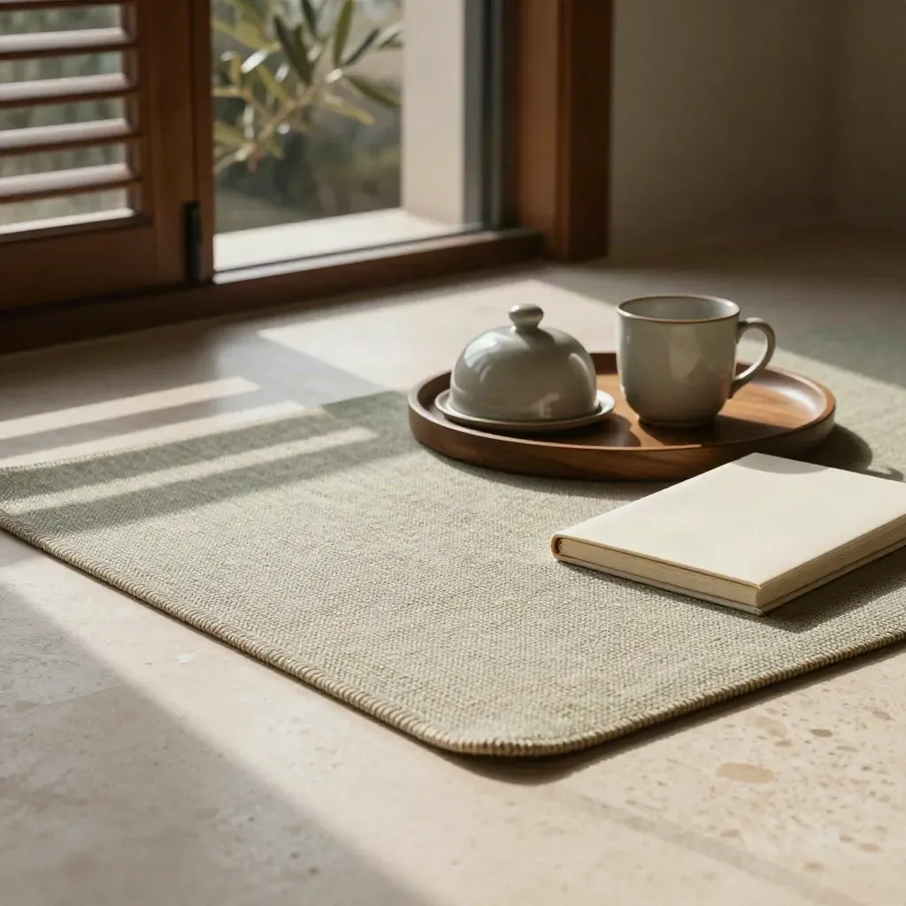 Meditation mat, breakfast tray, and closed stationery by a shaded terrace in morning light