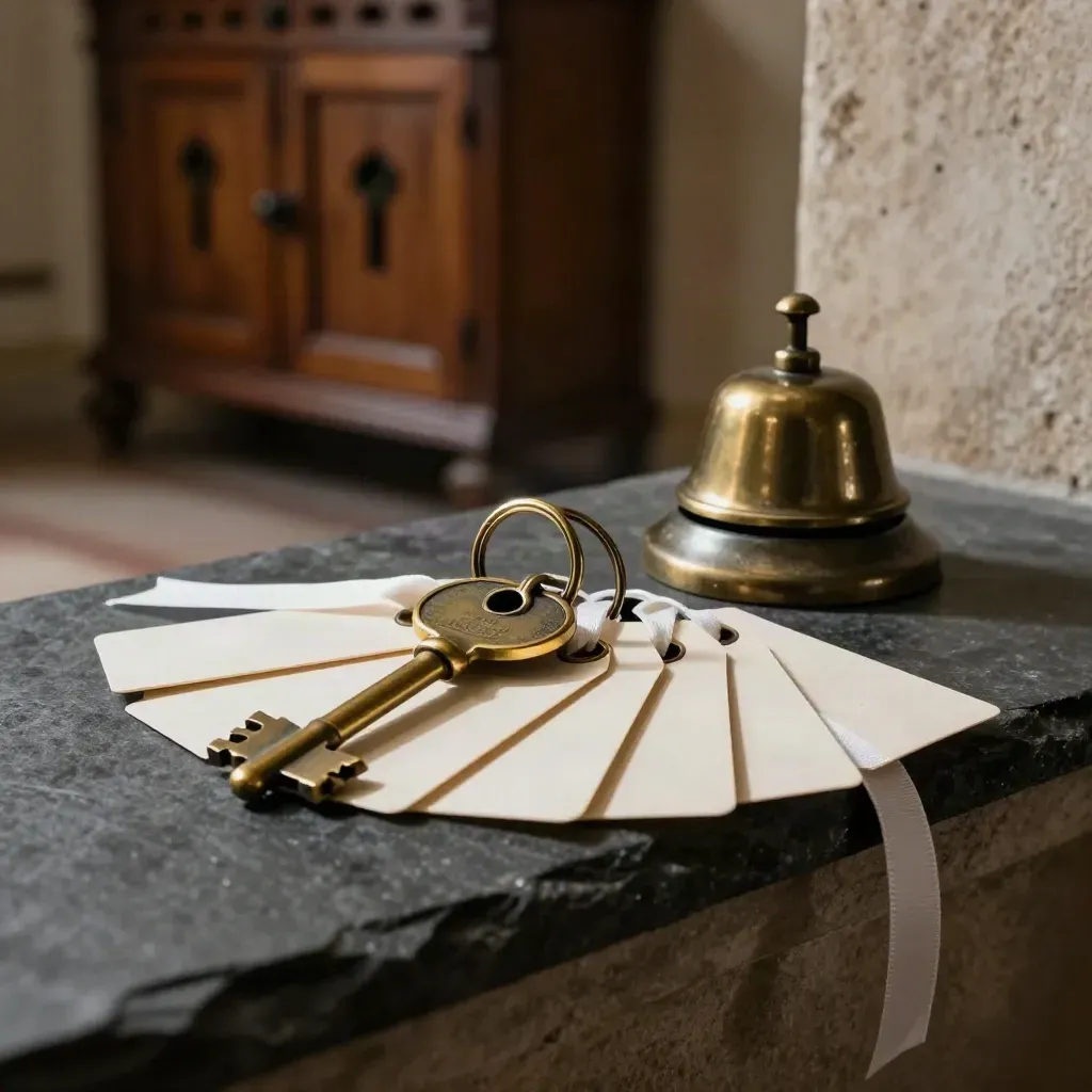 Brass master keys, hotel bell, and ribboned room tags on dark stone under dramatic side light.