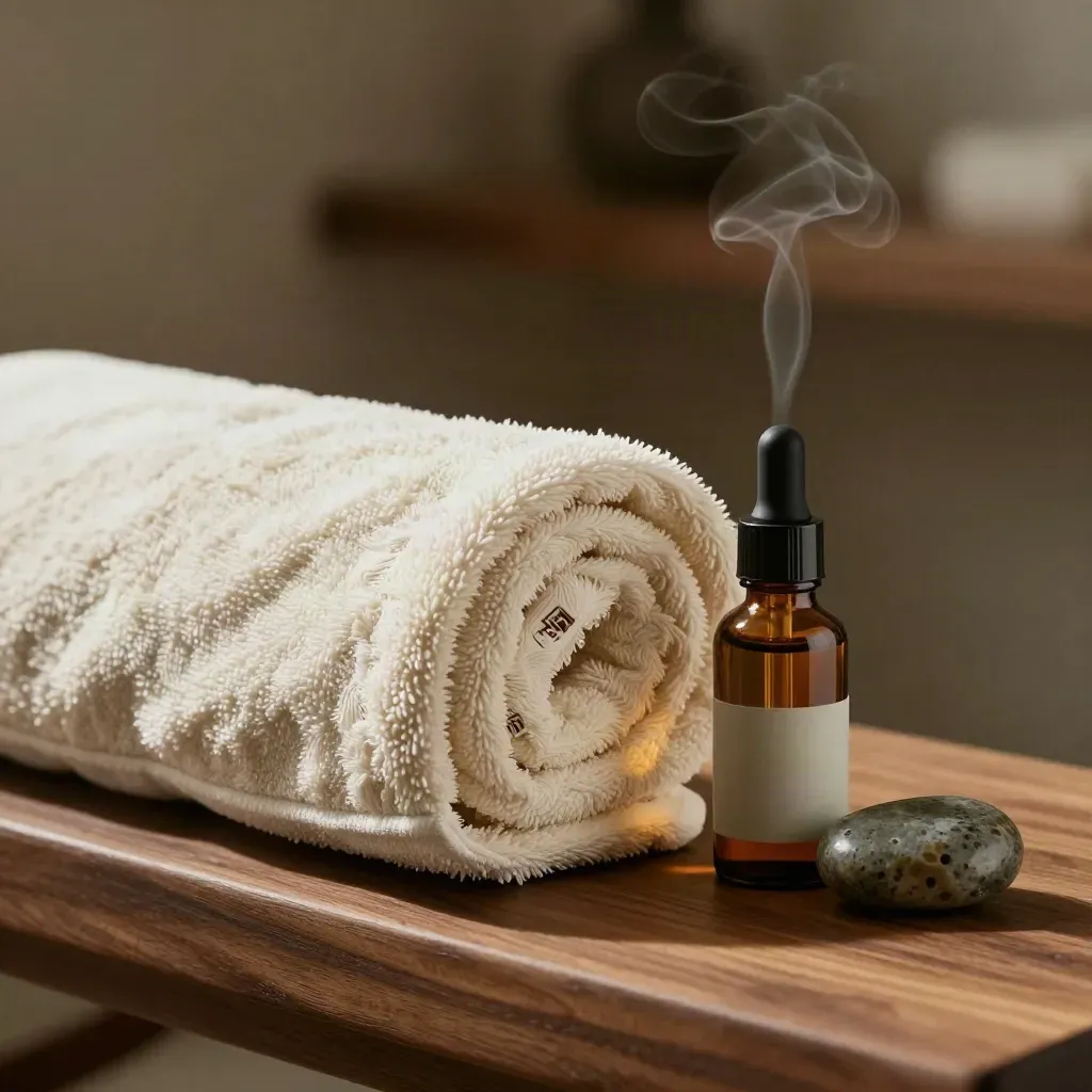 Macro spa still life with towel, oil vial, dropper bottle, basalt stone, and herbal vapor