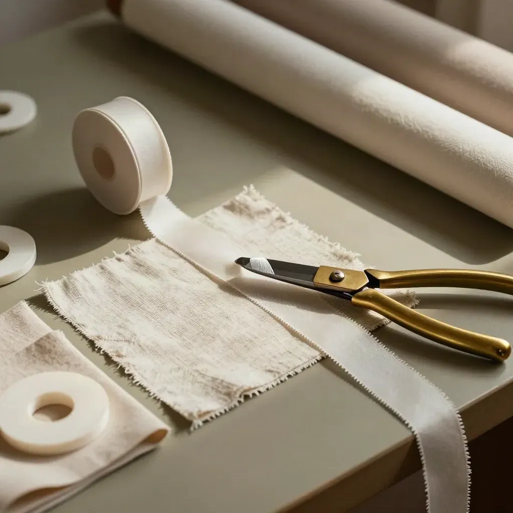 Overhead still life of ribbon spools, linen swatches, candle sleeves, and brass snips on a studio workbench.