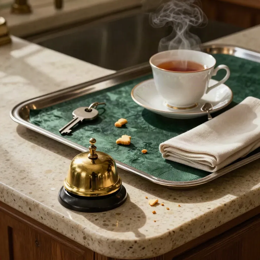 Tea service still life with brass bell, room key, linen napkin and steam on travertine.