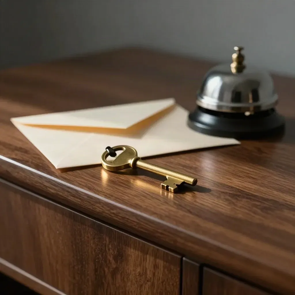 Brass key ring, sealed envelope and hotel bell on walnut desk edge in soft side light.