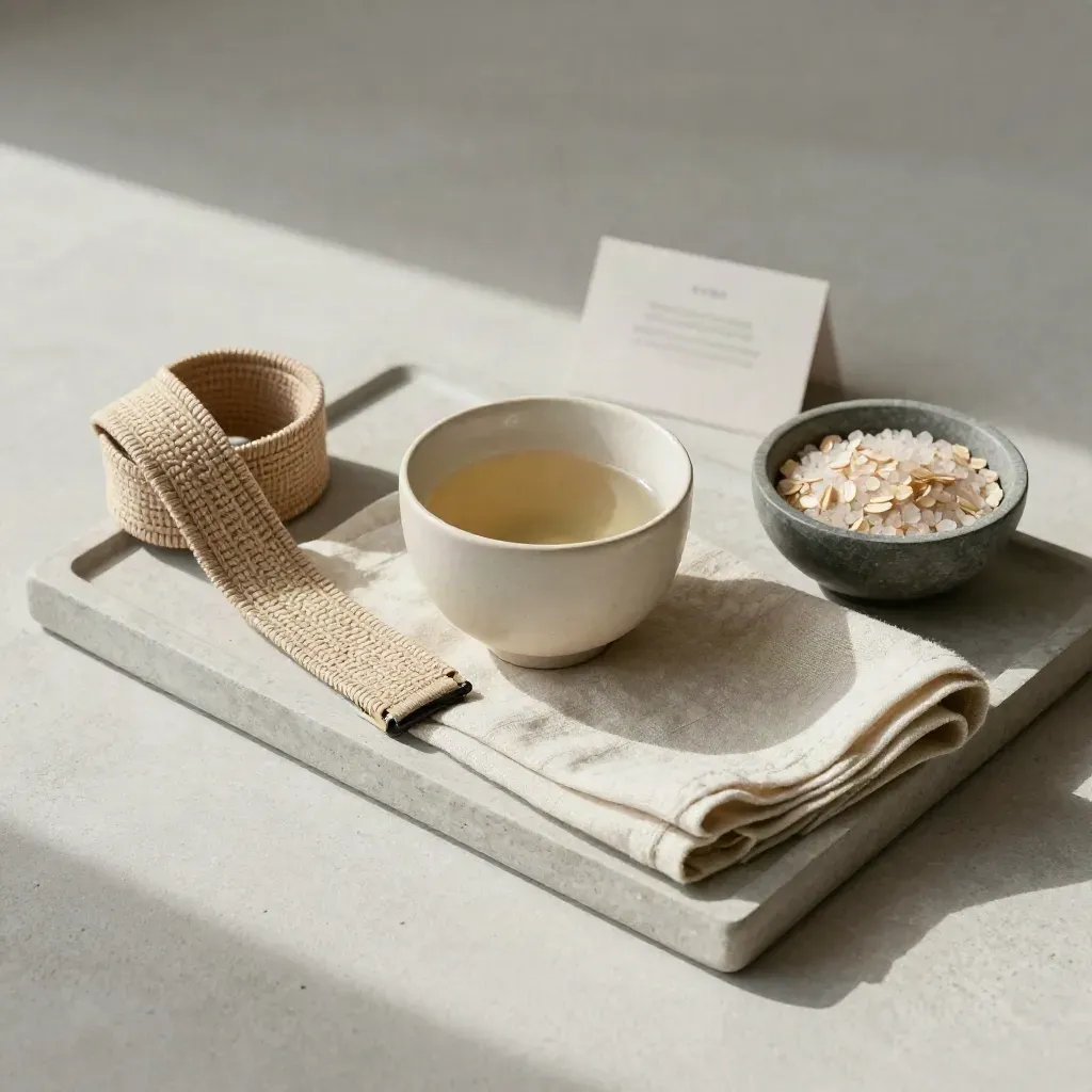 Yoga strap, tea cup, linen napkin and bath salts on a stone tray.
