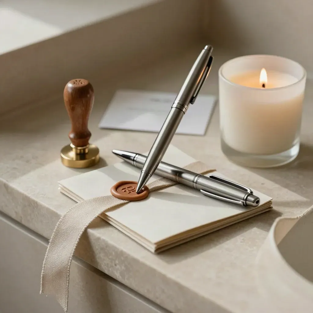 Brushed metal pen, wax seal stamp, ribbon-tied folder and candle on a marble ledge
