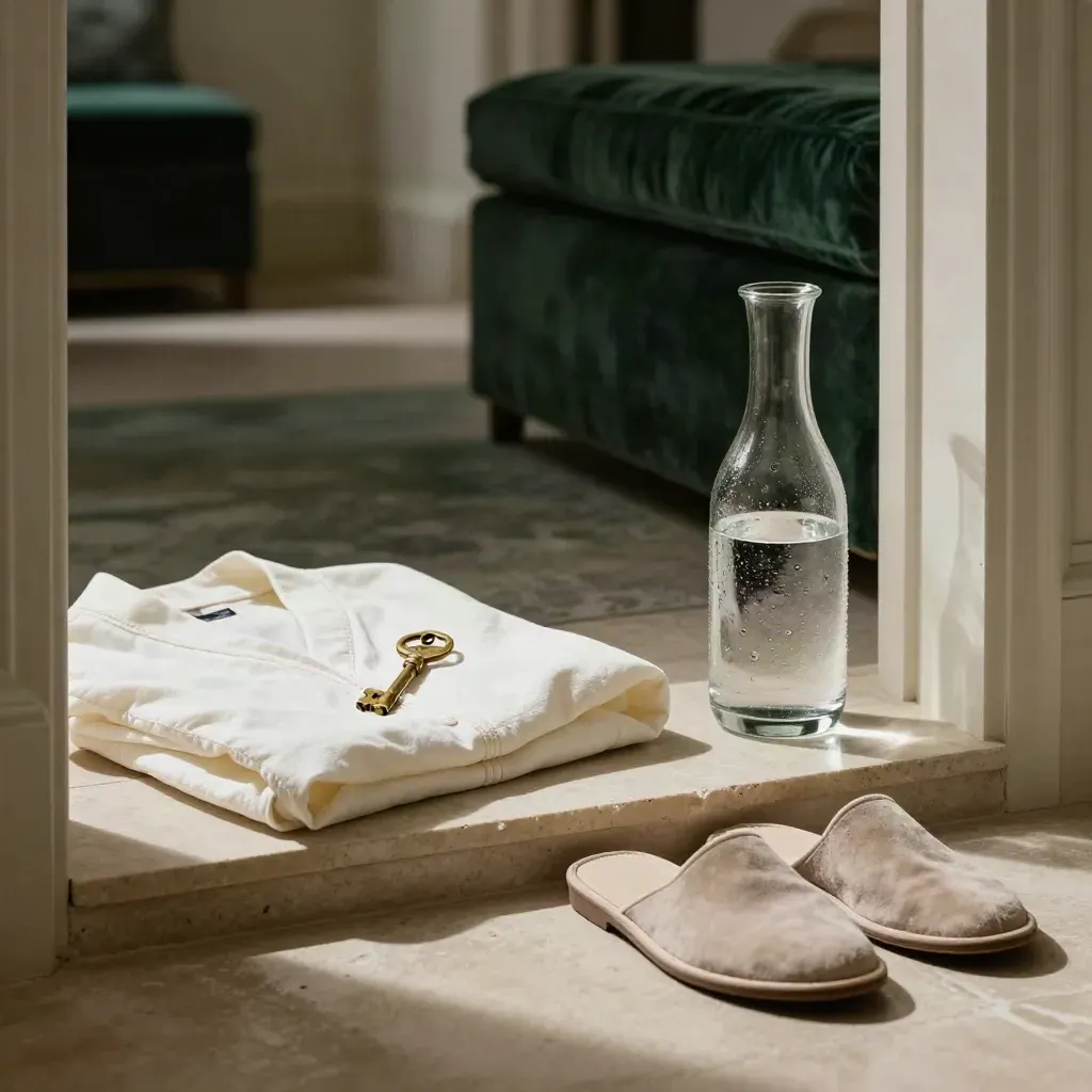 Suite threshold still life with key, robe, slippers and water carafe in soft daylight.