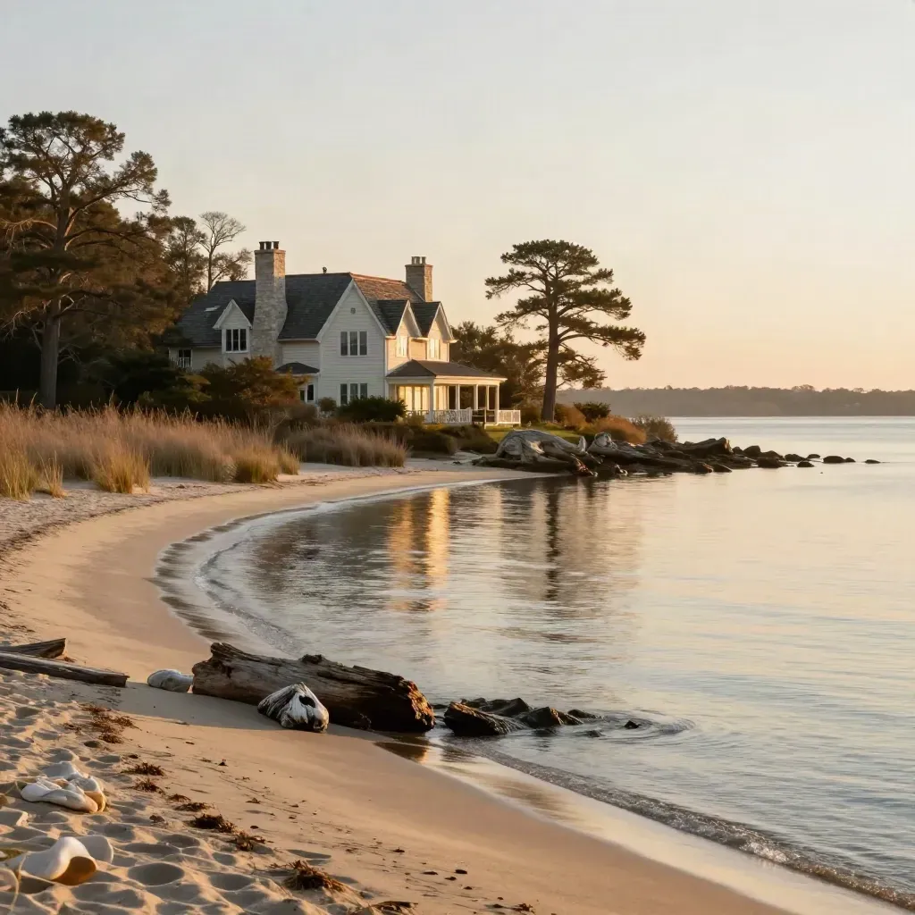 Golden-hour Fairfield County coastline with manor roofline above calm sheltered water and trees.