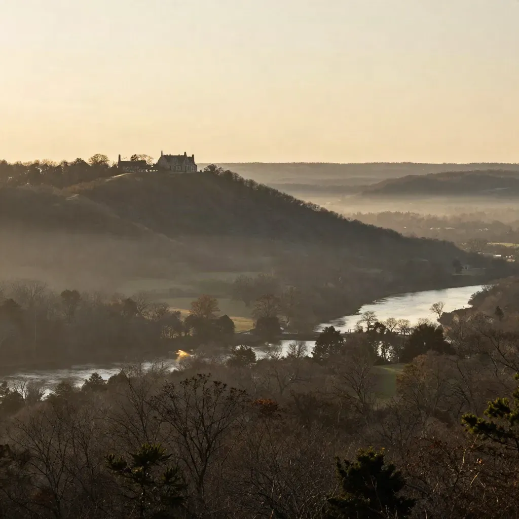 Westchester County hills with manor silhouettes, river bend, and hazy evening slopes