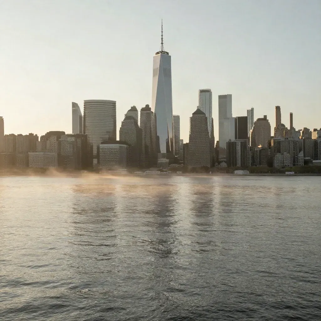 Manhattan skyline at sunrise over the East River, veiled in mist and gold reflections.