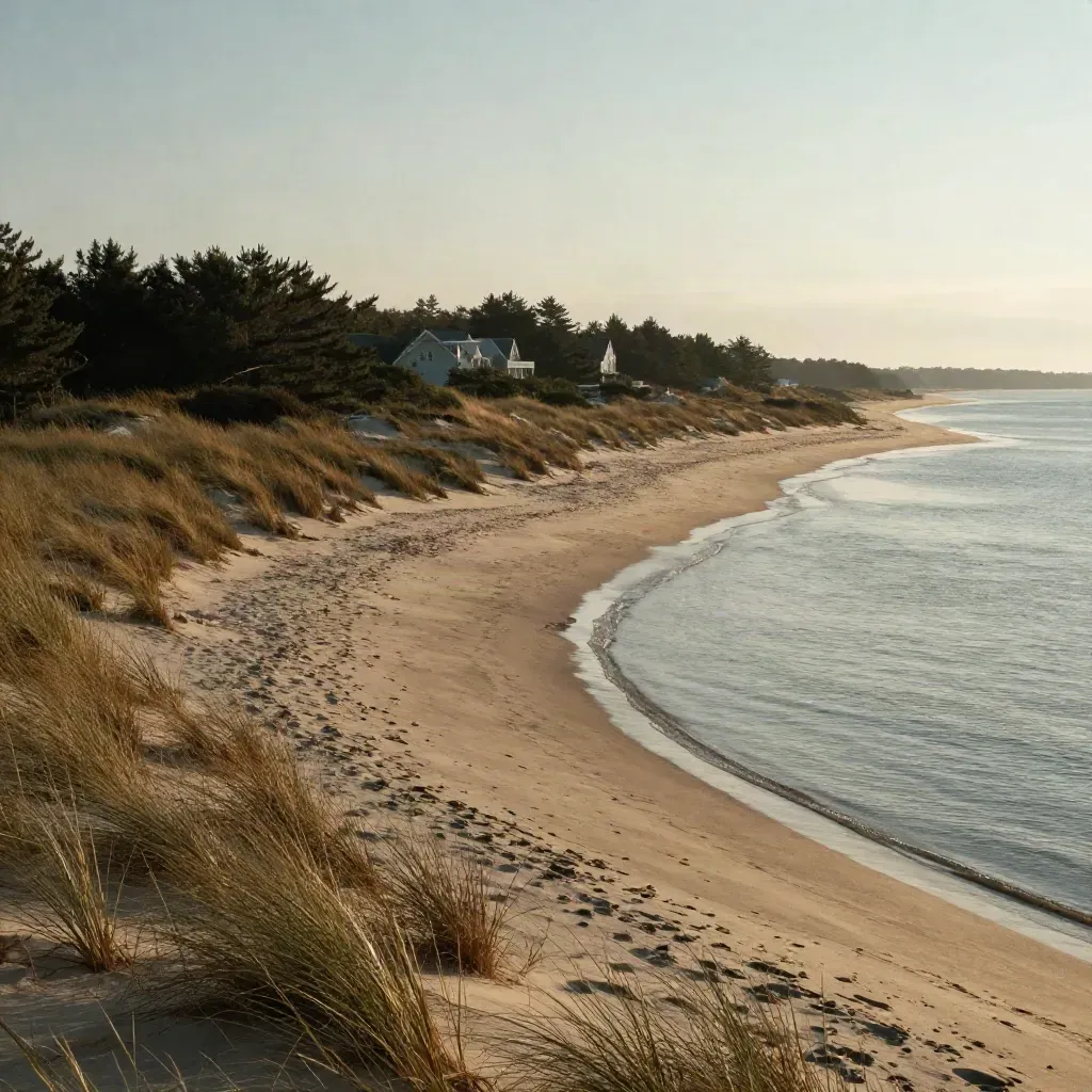 Long Island North Shore dunes, bay water, and distant estate roofs in warm haze