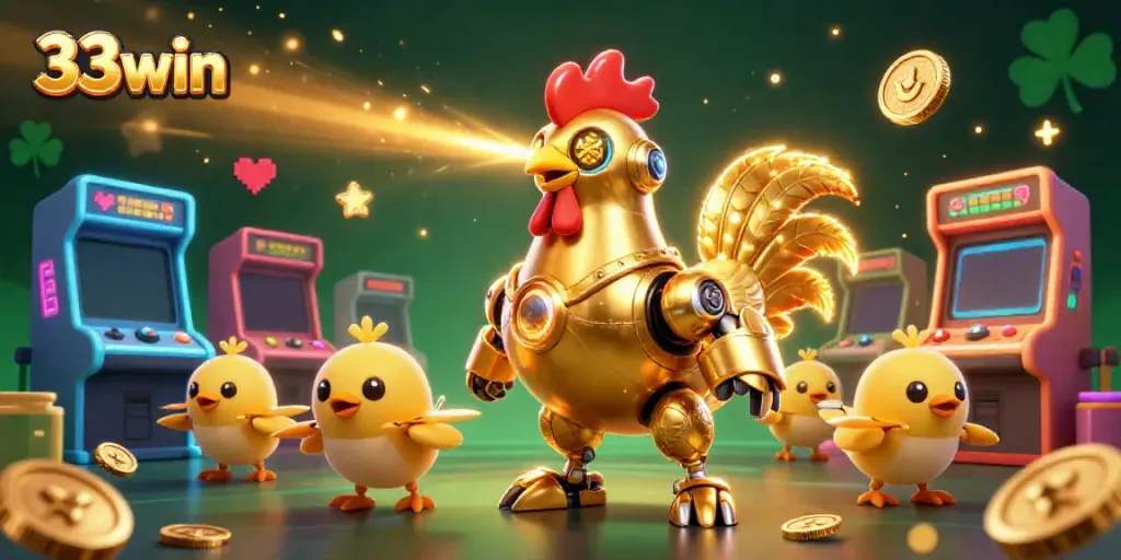 Engage with 33win's dynamic casino gaming, featuring a golden rooster robot and baby chick drones.