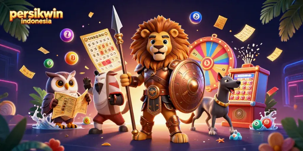 Persikwin Indonesia menghadirkan suasana kasino yang meriah dengan lion, owl, dan greyhound dalam ilustrasi 3D.