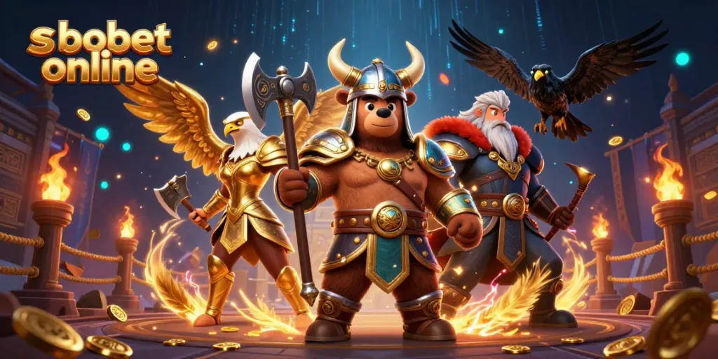 Experience dynamic sbobet online betting action with a fierce Viking berserker, Valkyrie eagle, and glowing runes in a vibrant arena.