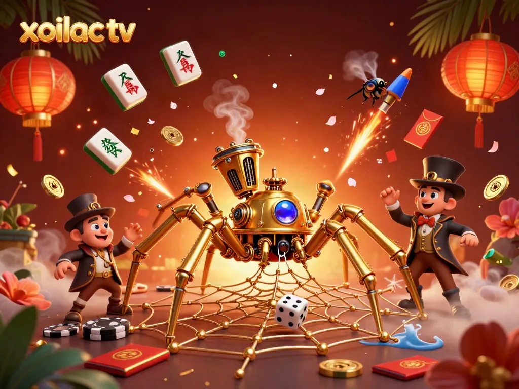 Engage with xoilac tv in this vibrant steampunk-themed casino scene featuring a golden spider and playful dice.
