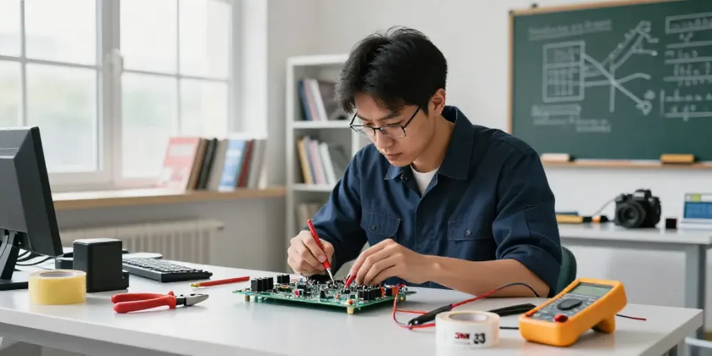 Technician using 3M Super 33 electrical tape in a modern workspace