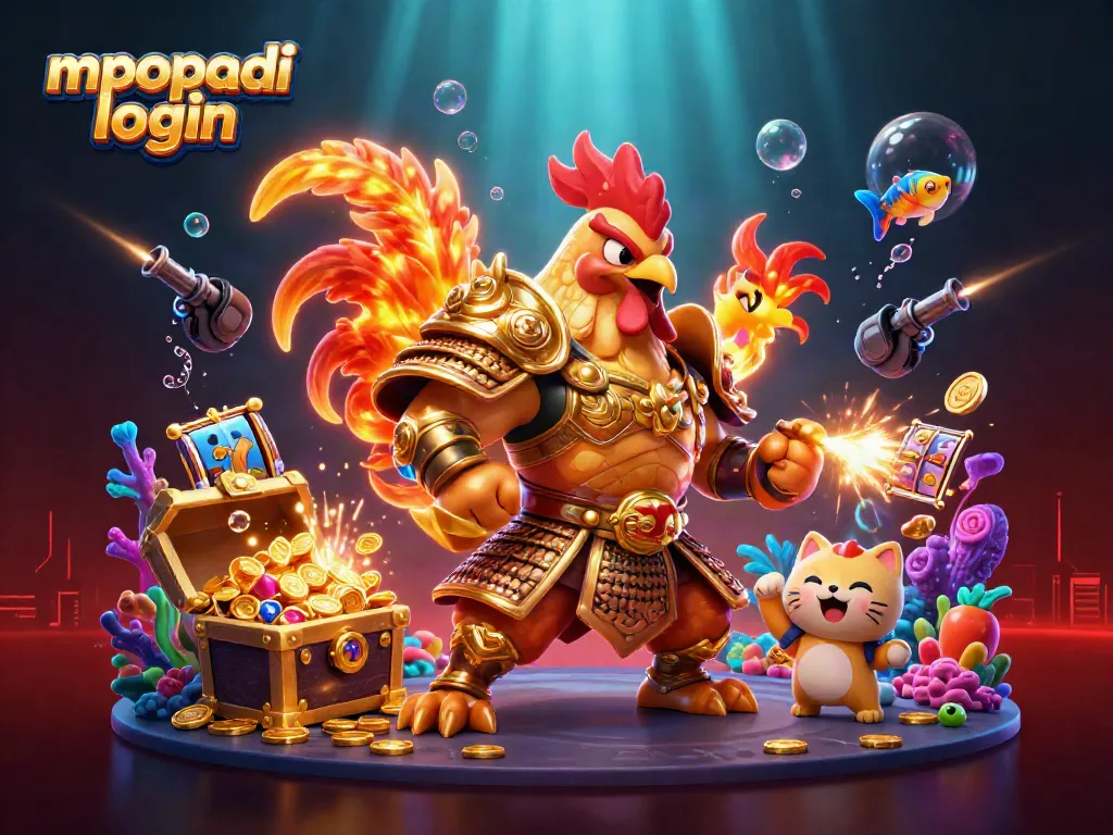 Experience the thrill of mpopadi login with a dynamic scene featuring slot reels and stunning cartoon characters.