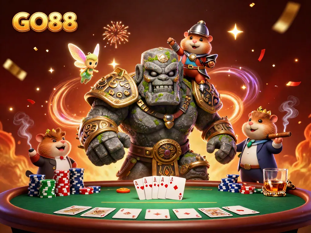 Experience thrilling excitement at GO88 with a golem guardian, fairy, and hamster knight amidst a lively poker scene.