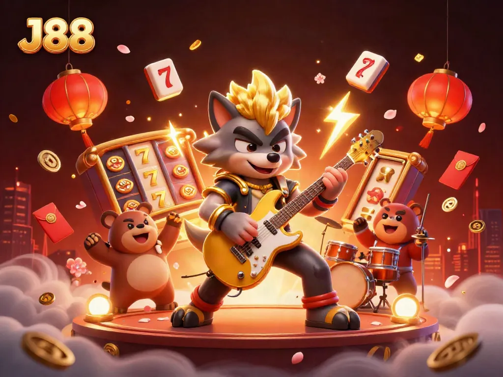 Enter the world of J88 with a vibrant casino scene featuring a rock star wolf and a drummer bear amidst slot reels.