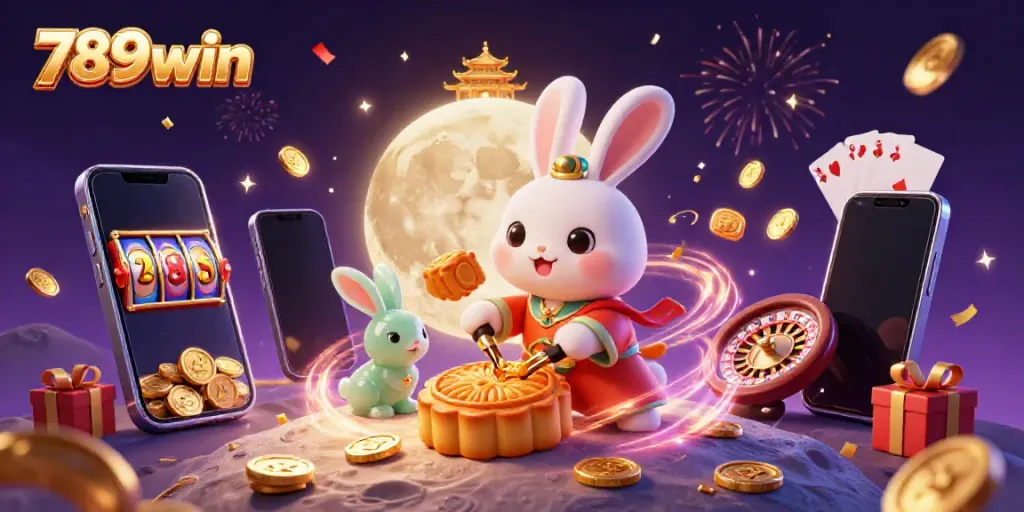 Experience excitement at 789win with the moon rabbit celebrating gambling fortunes in a vibrant scene.
