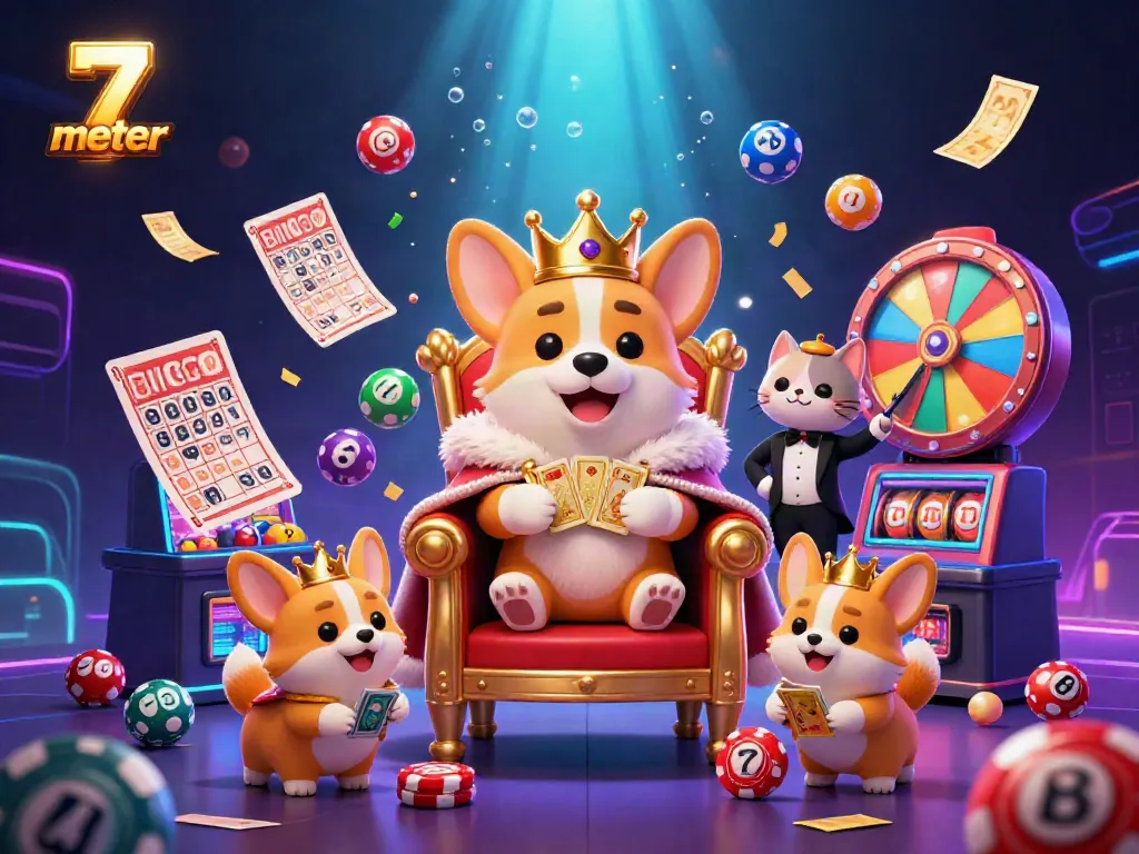 Engaging scene showcasing a royal corgi and cat butler in a 7 meter themed casino with games and vibrant elements.
