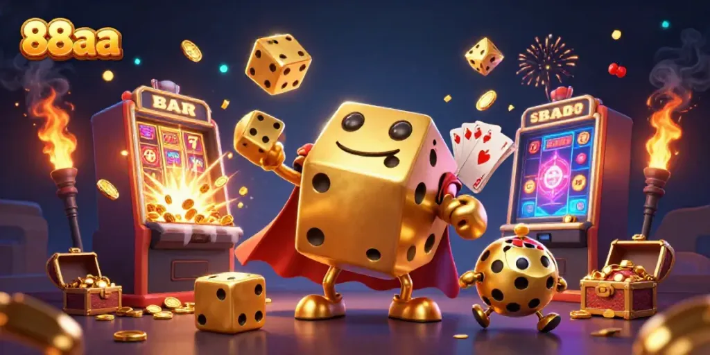 Exciting 88aa casino scene with a golden dice golem and a jackpot slot explosion, showcasing vibrant game elements.