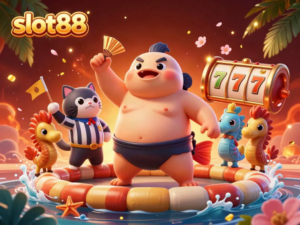 Watch the vibrant 3D slot88 scene come alive with a fugu in a sumo ring, overflowing with gaming excitement.
